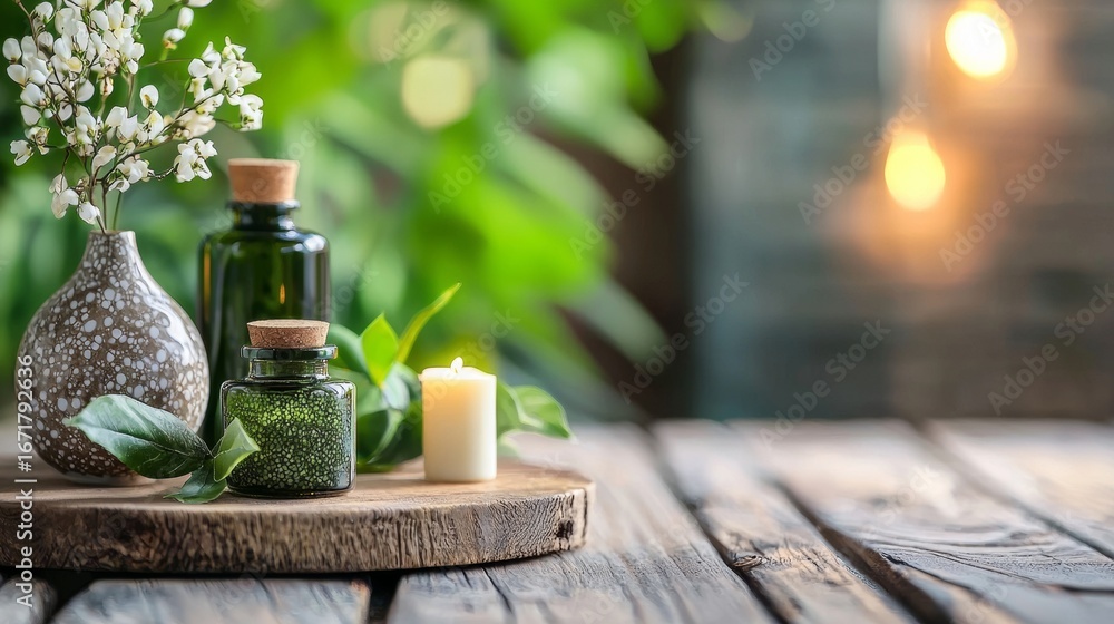 Obraz premium Natural spa aromatherapy bottles and candles with fresh plants on wooden table