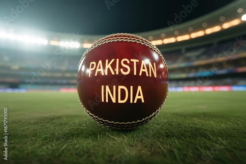 Intense cricket match showdown between Pakistan and India captured on a glowing ball amidst a roaring stadium crowd under bright lights