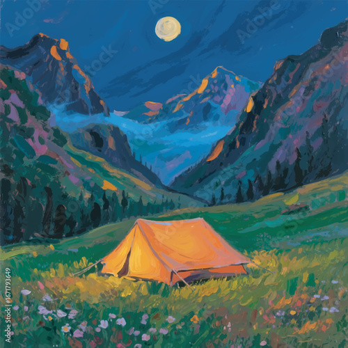 Lighted Camp Tent with Night Valley Vector Art