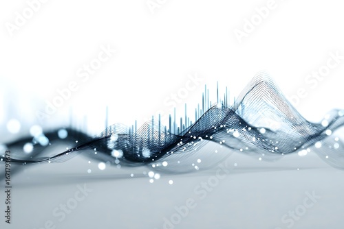 Captivating abstract digital waveform with dynamic blue lines and glowing bokeh lights, representing data flow and connectivity in modern technology.