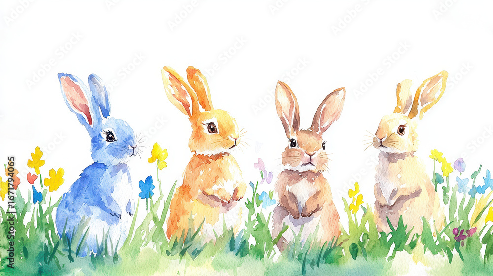 Obraz premium Watercolor depiction of four rabbits in colorful meadow, showcasing joy and playfulness among vibrant flowers