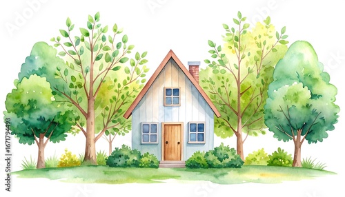 Wallpaper Mural A charming, light blue cottage sits amidst lush, vibrant green trees in a picturesque watercolor landscape. Torontodigital.ca