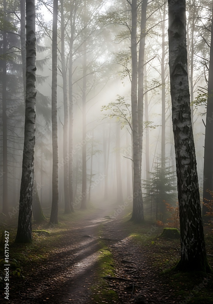 Fototapeta premium Ethereal woodland atmosphere with diffused sunlight through the shrouded forest landscape