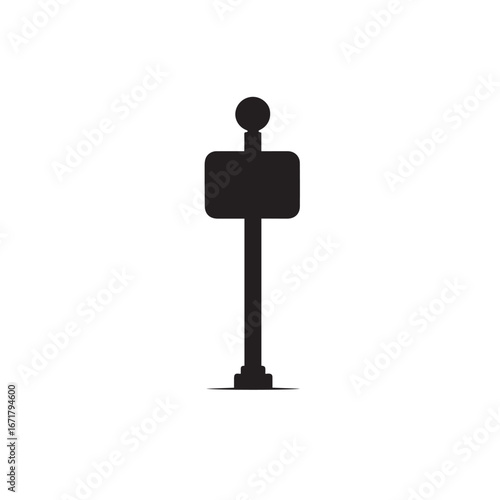 Vector art of a simple black silhouette of a signpost or directional marker with a round finial, isolated on a, suggesting guidance and information