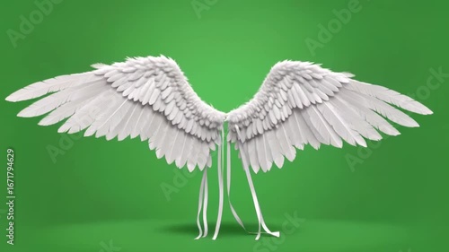 Spread white feathered wings against a green background