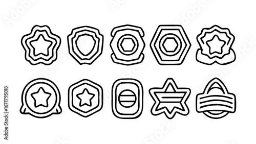 Collection of ten outlined badge icons featuring stars hexagons and shields in a row on white background