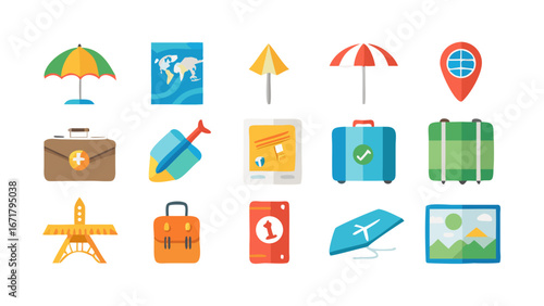 Collection of colorful travel themed icons featuring luggage umbrellas and tourist destinations design