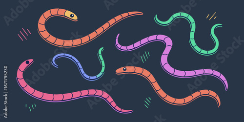 A collection of colorful, abstract, 3D squiggles and worm-like shapes scattered on a solid black background. Each shape is smooth and glossy with a soft gradient that transitions through bright neon c