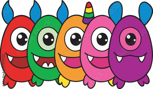 Five Colorful Cartoon Monsters with Big Eyes and Friendly Smiles