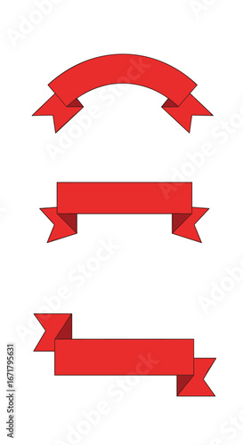 Collection of three red ribbons banner decorations for design elements