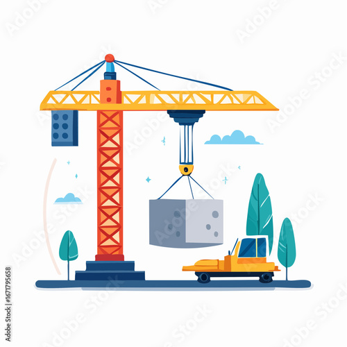 Construction crane lifting concrete block on building site, surrounded by trees and a truck, creating a scene of industrial progress and development.