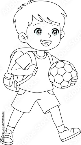 happy cartoon boy walking with a backpack and a soccer ball, ready for school or playing sports. This is a black and white outline version, perfect for a coloring page. Vector illustration