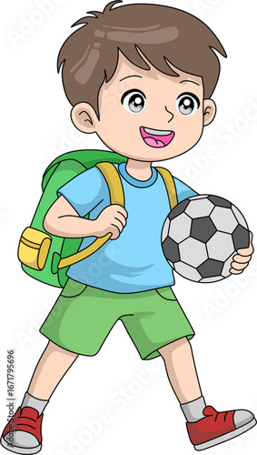 happy cartoon boy walking with a backpack and a soccer ball, ready for school or playing sports. He is smiling brightly. Vector illustration