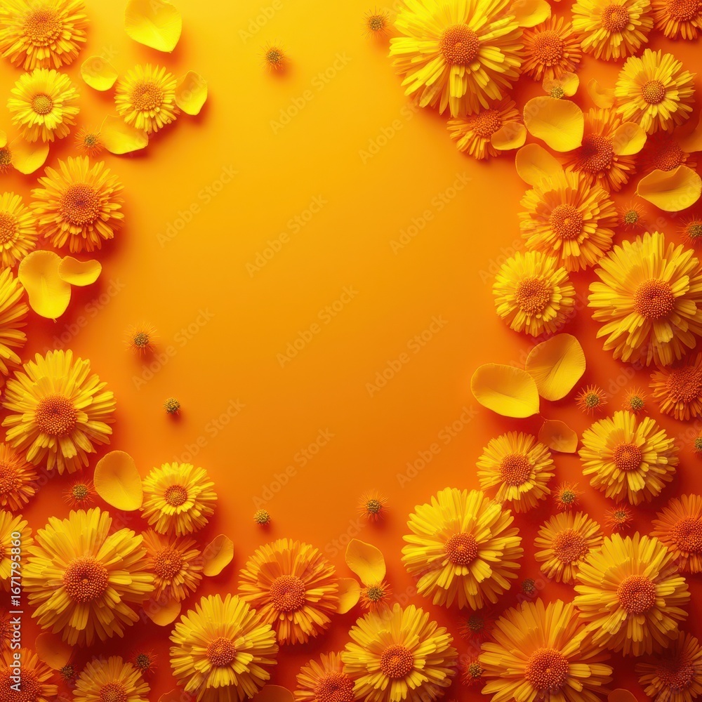 Bright yellow flowers frame on orange background with copy space for text Bright yellow flowers frame on orange background with copy space for text