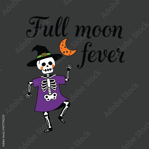 Vector art of skeleton with moon and text full moon fever