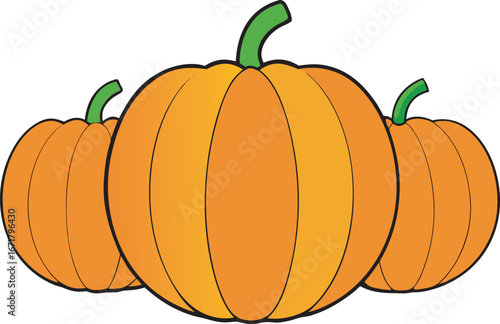 Three Orange Pumpkins with Green Stems on a White Background