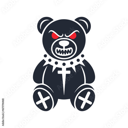 Aggressive black teddy bear with glowing red eyes and a spiked collar. An evil and gothic-style toy with a menacing look vector illustration.