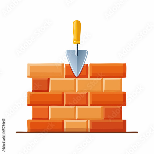 Brick wall being constructed with trowel, showing construction process and craftsmanship in building industry, conveying stability and hard work.