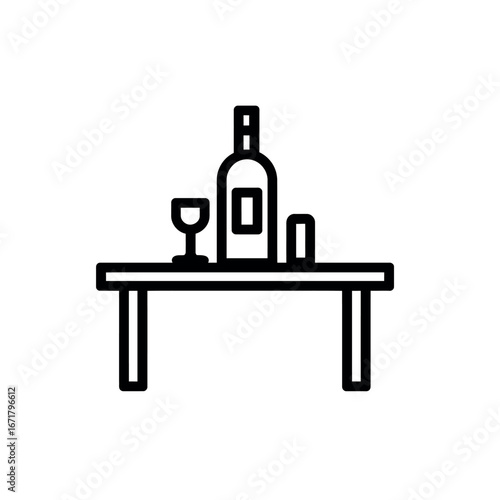 A simple line drawing of a table with a wine bottle glass and shot glass on top in black and white style