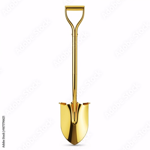 A shining golden spade with a short handle and a D-shaped grip is
