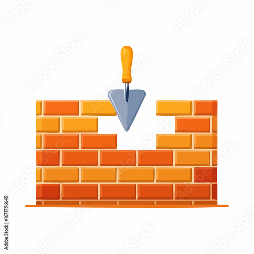 Trowel placing brick on unfinished brick wall representing construction site with precision and craftsmanship, conveying progress and building concept.