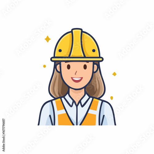 Smiling female engineer wearing yellow hardhat and safety vest in construction site, showcasing professionalism and competence.