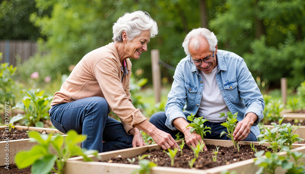 Fototapeta premium Active senior couple gardening together in raised beds on sunny day. Senior couple gardening involves planting seedlings, tending plants, and enjoying nature.
