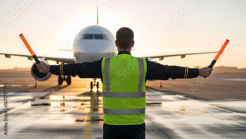 Professional ground staff guiding passenger airplane on airport tarmac