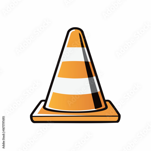 Orange traffic cone standing on asphalt road marking construction zone with caution stripes indicating danger and safety measures.