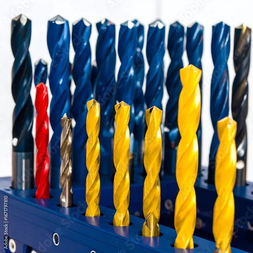 A close-up view of a collection of various drill bits, in vibrant blue, yellow, and red, neatly organized in a holder.