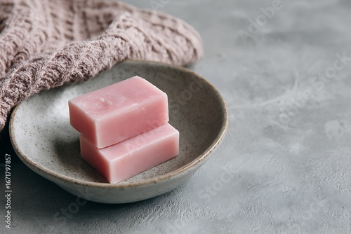 Two blush detergent cakes on leaden holder
