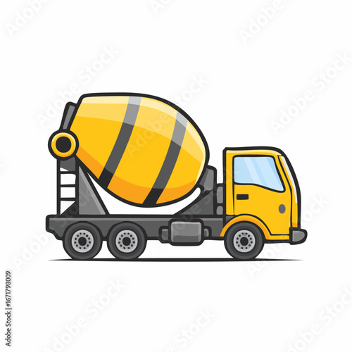 Yellow cement truck transports concrete at construction site, symbolizing building and industry with a clean, simple aesthetic.