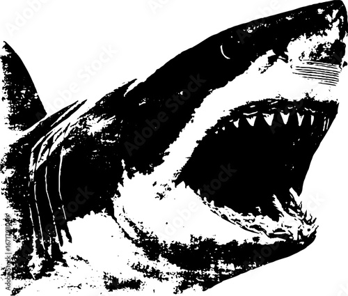 Grunge black and white shark head design for posters and tee prints