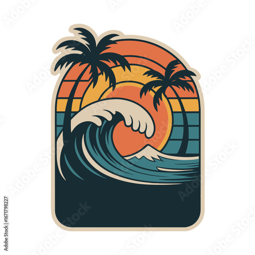 Retro sunset surfing badge with a big ocean wave and palm trees. A vintage summer vacation sticker for a tropical beach paradise vector illustration.