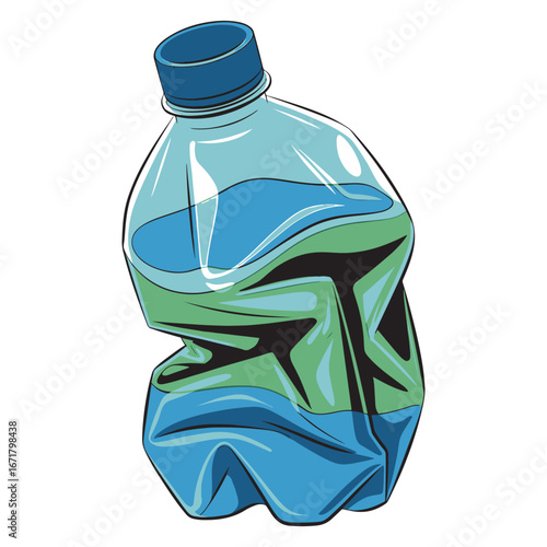 A crumpled used plastic bottle half-filled with water. A realistic depiction of waste and the importance of environmental recycling vector illustration.