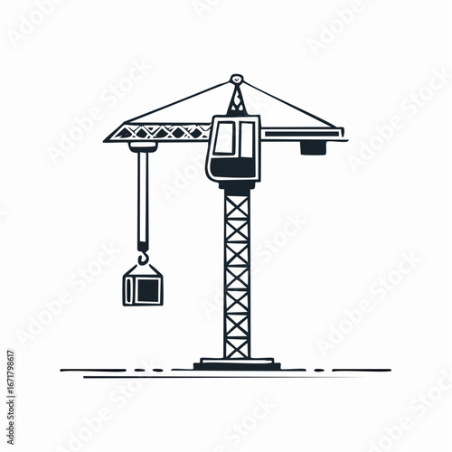 Construction crane lifting a concrete block at a building site, showcasing industrial strength and precision in a minimalist style.