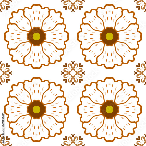 Elegant floral seamless pattern featuring white blossoms with golden brown outlines on a black background.