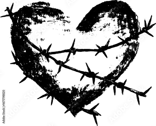 Grunge black and white heart with barbed wire design for urban art and decor
