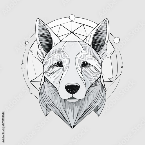 Corgi dog stares intently with geometric shapes surrounding its head in a modern, artistic style on a clean, light gray canvas.
