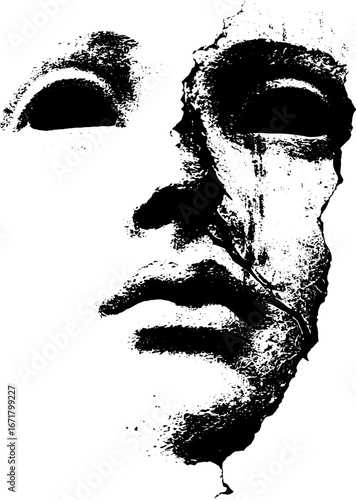 Abstract grunge black and white shattered face design for artistic projects
