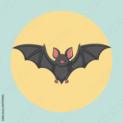 Cartoon illustration of a bat with wings spread, centered against a yellow circle and a light blue background.
