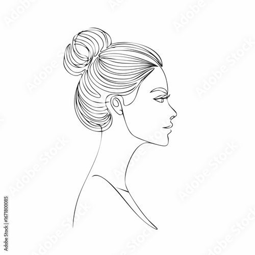 Elegant woman with hair in a bun looks to the side in a minimalist line drawing on a white canvas, conveying simplicity and modern beauty.