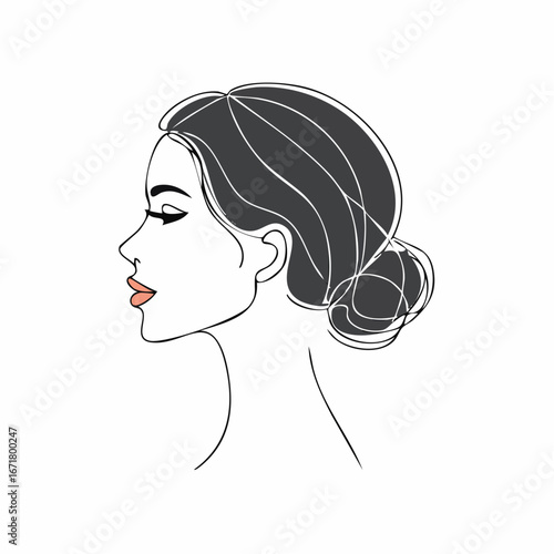 Elegant woman with dark hair in a bun gazes serenely, depicted in a minimalist line drawing against a white backdrop, exuding sophistication and simplicity.