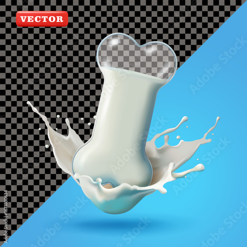 Bone-shaped milk glass with milk splash, 3D vector. Suitable for health and business