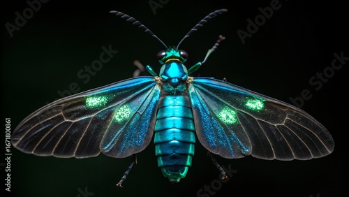 a rainforest insect with glowing blue-green markings 