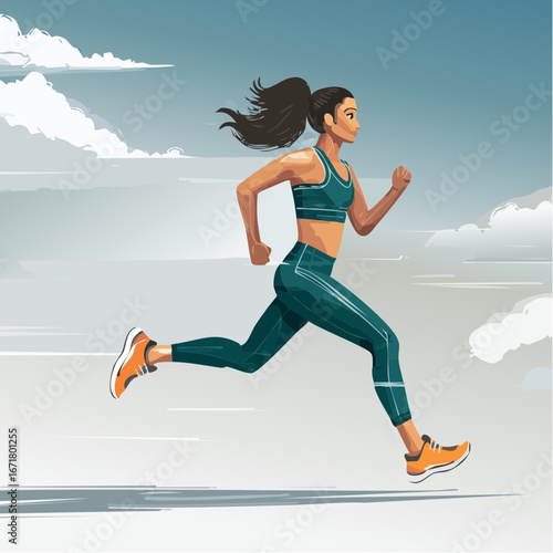 Athletic woman running outdoors on cloudy day, showcasing fitness and determination in a dynamic action shot, conveying energy and health.