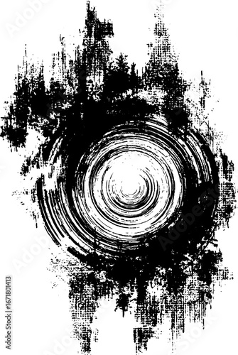 Abstract grunge black and white illustration of shattered circular design
