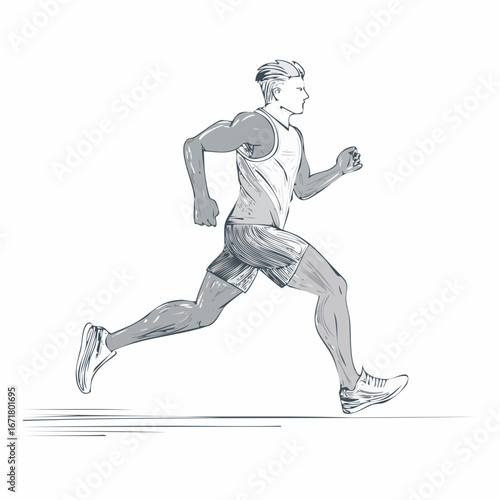 Man running with determined expression on a white canvas, showcasing his athletic prowess and dedication to fitness, creating a sense of motion and energy.