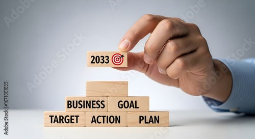 Hand placing wooden block with year and target on top of business goal action plan blocks
