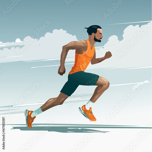 Man running outdoors on a bright day, showcasing athleticism and determination with a clear sky and clouds in the distance, conveying a sense of freedom and energy.